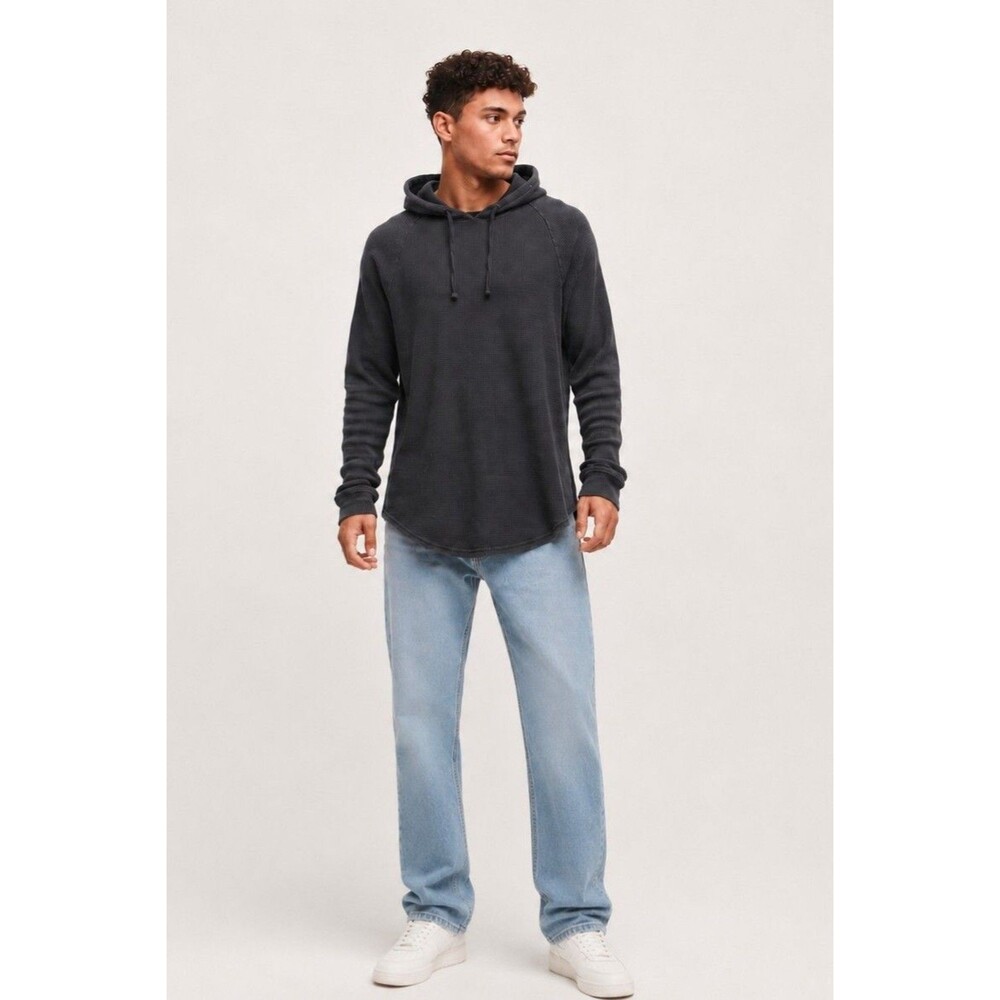 PacSun Men’s Waffle Knit Pullover Hoodie Large Longer Fit Navy Blue Thermal